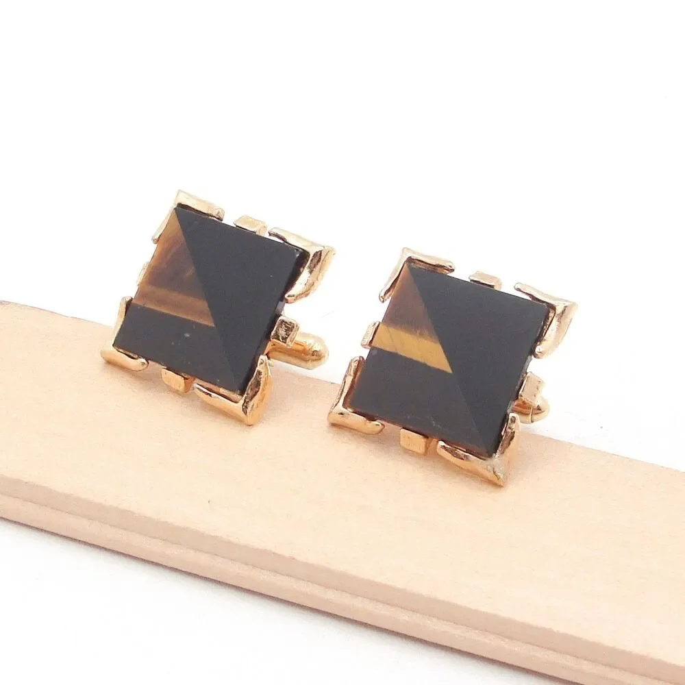 Vintage Simmons Karatclad Tigers Eye Black Onyx Square Cufflinks Modernist MCM